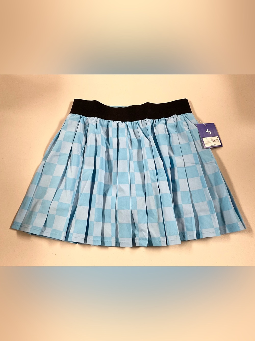 JoyLab Light Blue Check Pleated Mini Skirt with Black Waistband